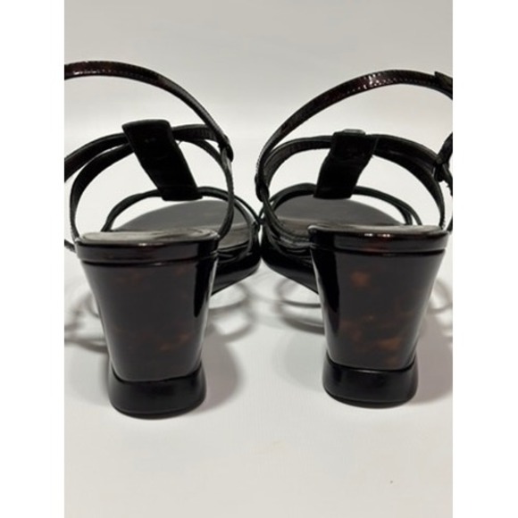 Stuart Weitzman Brown Tortoise Patent Leather‎ Wedge Sandals Women's 8M Strappy - Picture 5 of 9